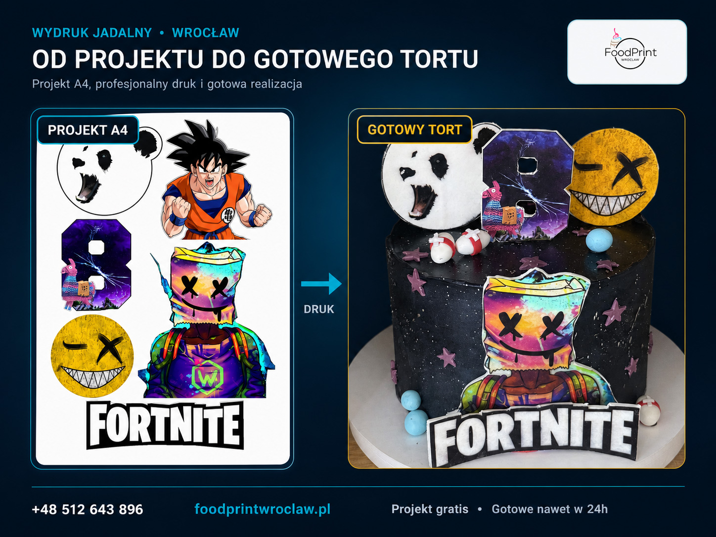 Projekt wydruku jadalnego A4 i gotowy tort urodzinowy FoodPrint Wrocław