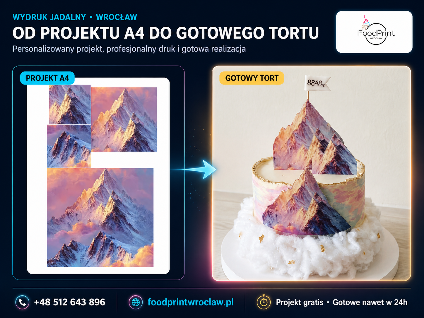 Projekt wydruku jadalnego z motywem górskim i gotowy tort FoodPrint Wrocław